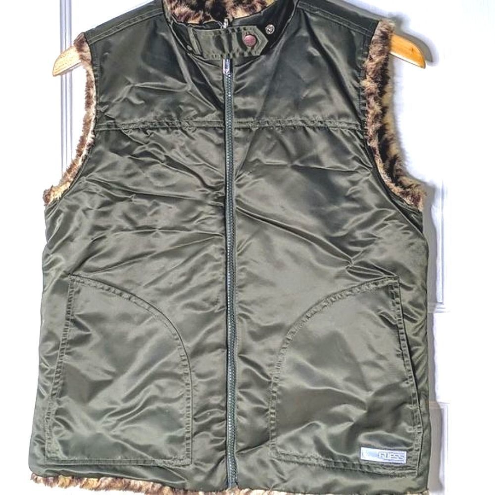 Vintage Guess Reversible Faux Leopard Army Green Nylon Zip Up Vest size S/M - Picture 3 of 12